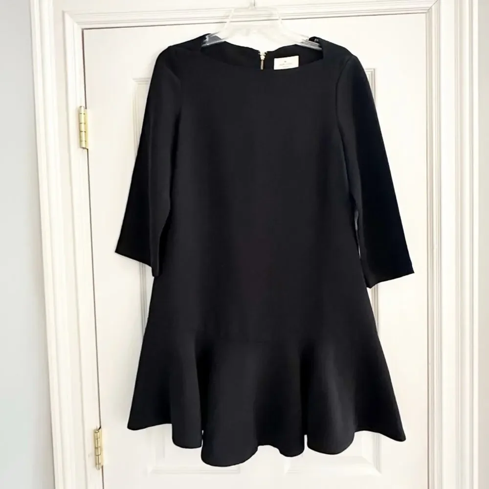 Kate Spade Black Crepe Flounce Dress Solid Size 8 Bateau Boat Neck Mini Elegant
